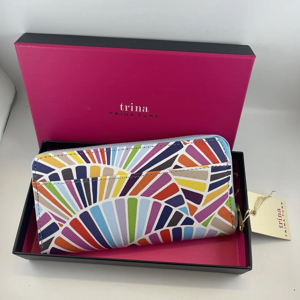 Trina Turk Large Vegan Leather Zip Wallet Colorful Geometric Gift Box New NWT - Picture 2 of 5